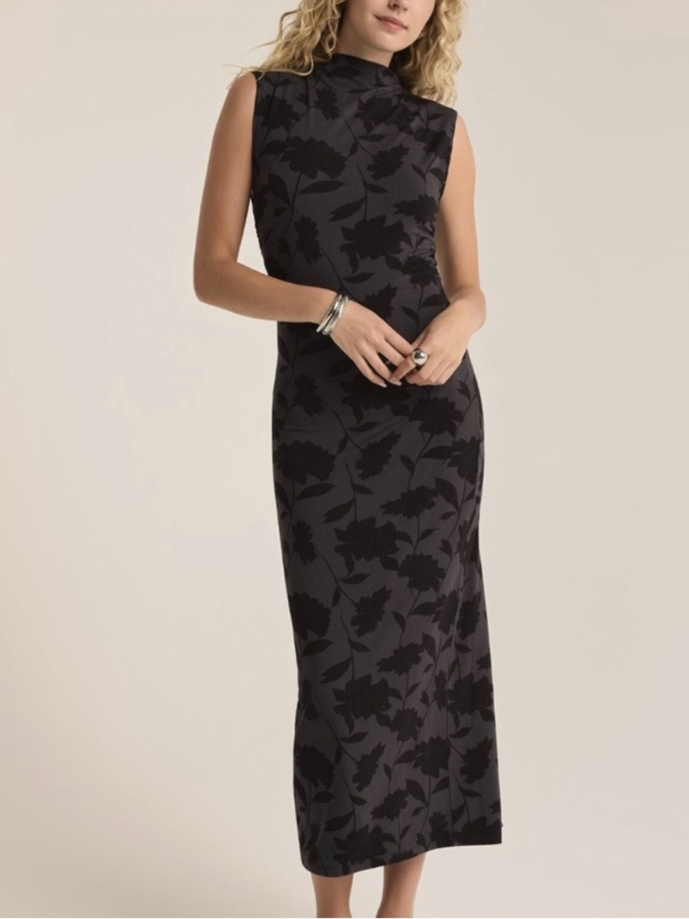 Z Supply Black Floral Sleeveless Bodycon Maxi Dress with Mock Turtle Neck L